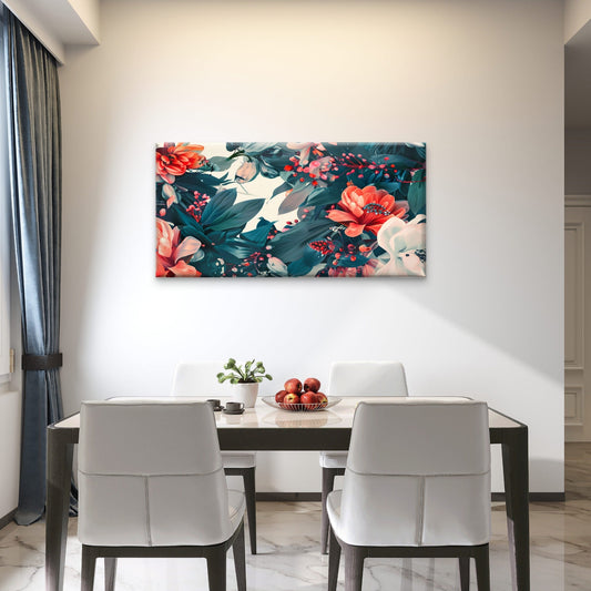 Modern Dark Teal Coral Floral Garden Wall Art Canvas Office Home Framed 80x45cm