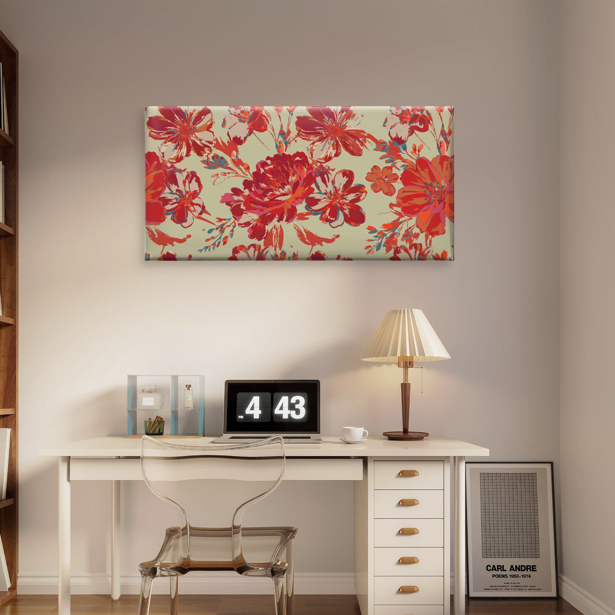 Oil Paint Palette Style Red Flowers Wall Art Canvas Office Home Framed 120x60cm
