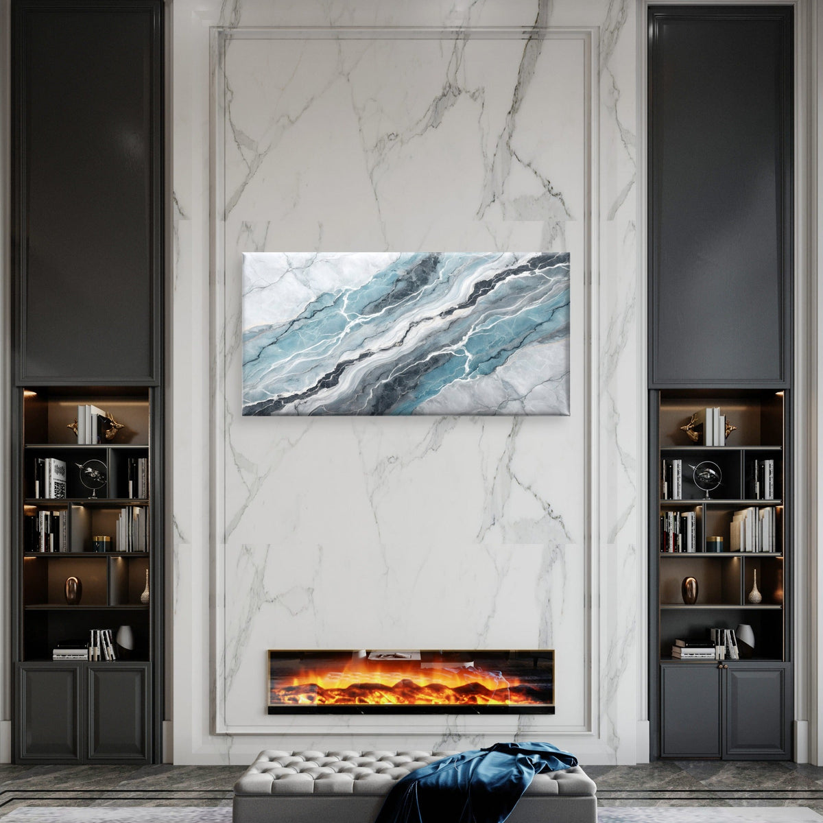 Light Blue Grey White Vein Pattern Wall Art Canvas Office Home Framed 120x60cm