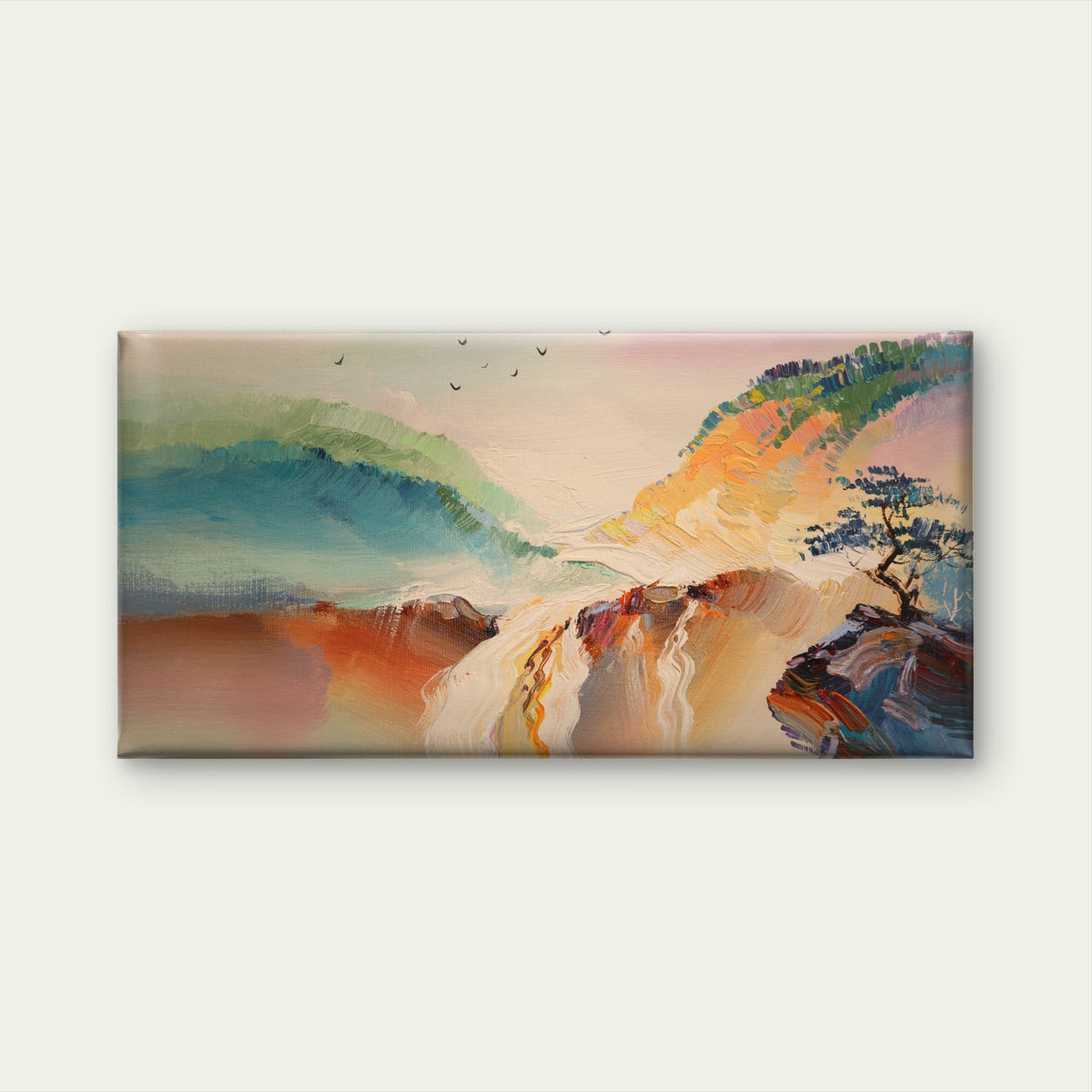 Abstract Mountain Waterfall Tree Print Wall Art Canvas Office Home Framed 80x45cm