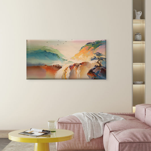 Abstract Mountain Waterfall Tree Print Wall Art Canvas Office Home Framed 80x45cm