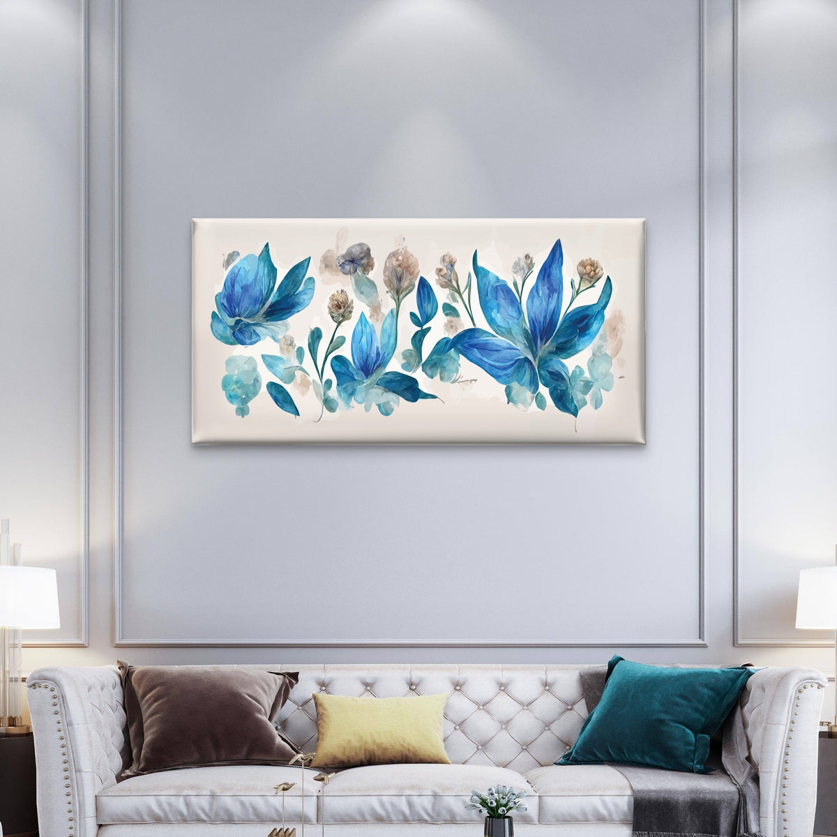 Modern Blue Watercolor Floral Paint Wall Art Canvas Office Home Framed 120x60cm