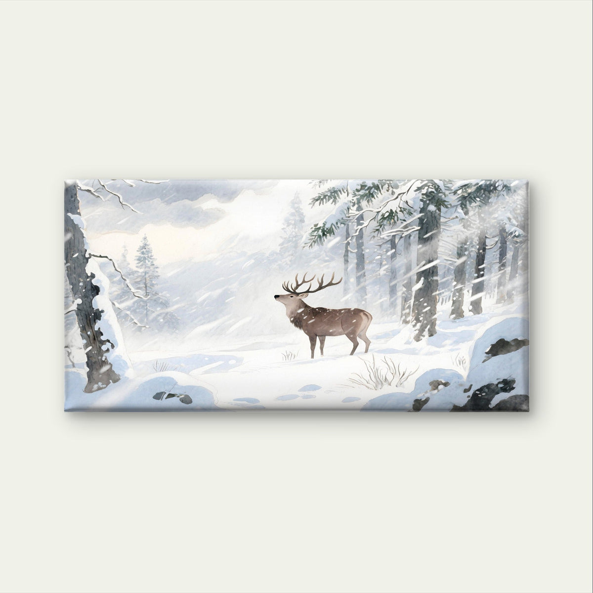 Watercolor Winter Snow Forest Deer Wall Art Canvas Office Home Framed 120x60cm