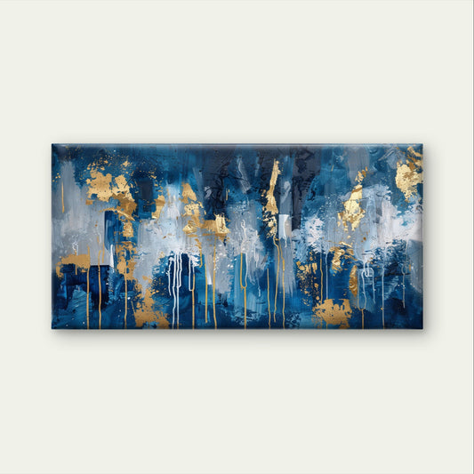 Abstract Navy Blue Gold Foil Drip Wall Art Canvas Office Home Framed 80x45cm