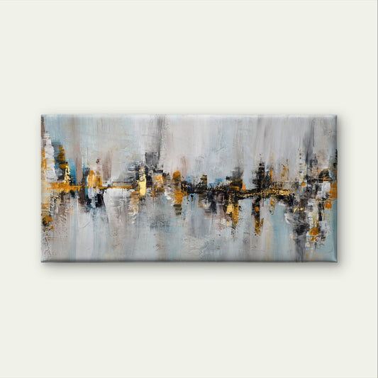 Abstract Grey Blue Gold Skyline Wall Art Canvas Office Home Framed 80x45cm