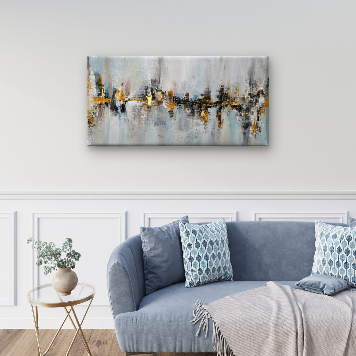 Abstract Grey Blue Gold Skyline Wall Art Canvas Office Home Framed 80x45cm