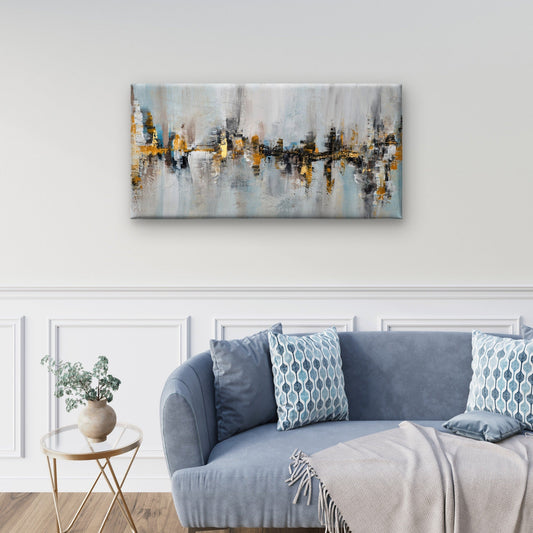 Abstract Grey Blue Gold Skyline Wall Art Canvas Office Home Framed 80x45cm