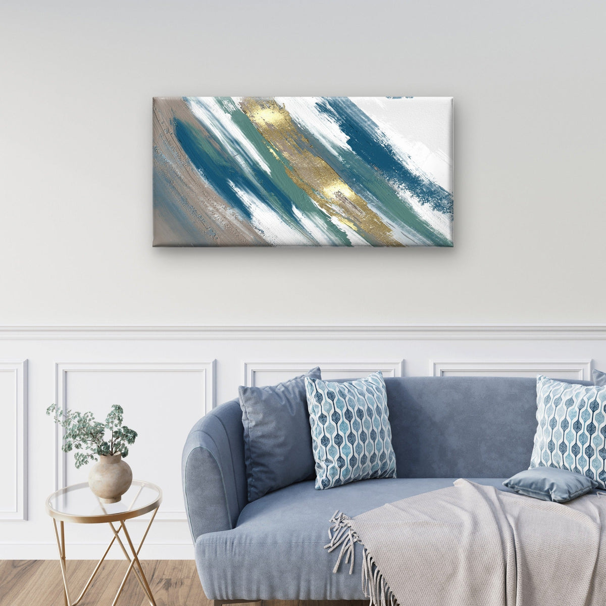 Beautiful Blue Gold Brush Stroke Wall Art Canvas Office Home Framed 120x60cm