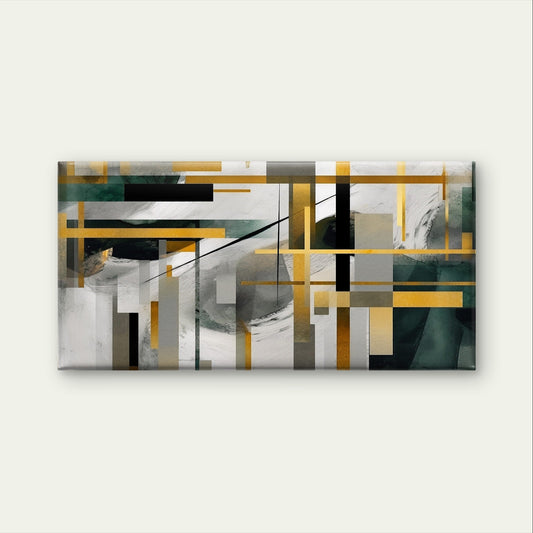 Modern Dark Green Gold Geometric Wall Art Canvas Office Home Framed 80x45cm