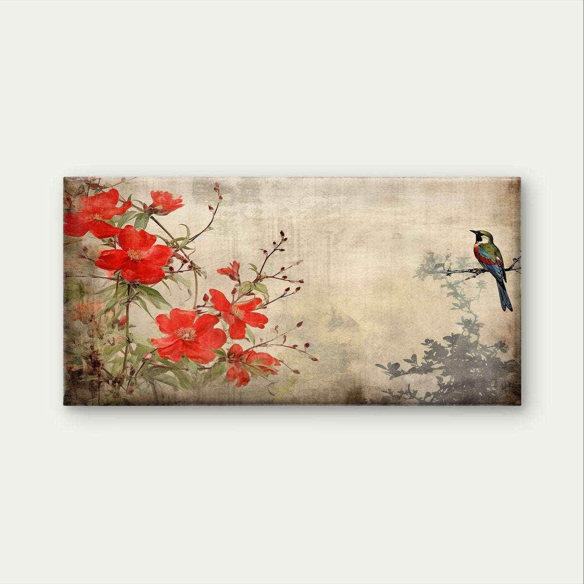 Vintage Chinese Red Blossom Bird Wall Art Canvas Office Home Framed 120x60cm