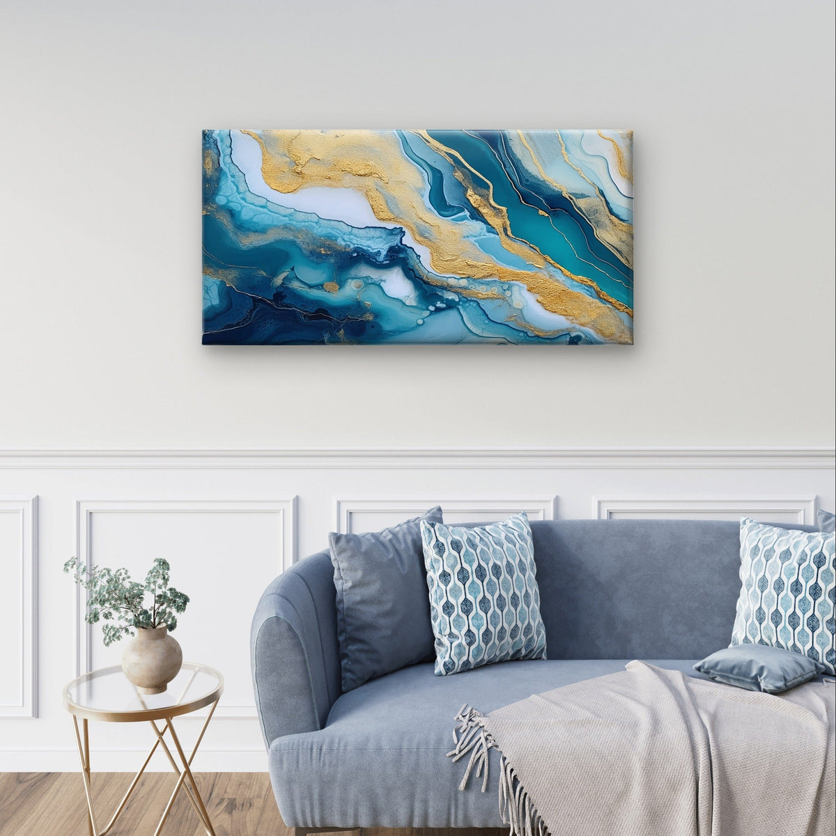 Modern Teal Blue Ocean Wave Liquid Wall Art Canvas Office Home Framed 80x45cm