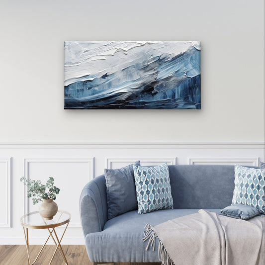 Abstract Blue Ocean Wave Impasto Wall Art Canvas Office Home Framed 80x45cm