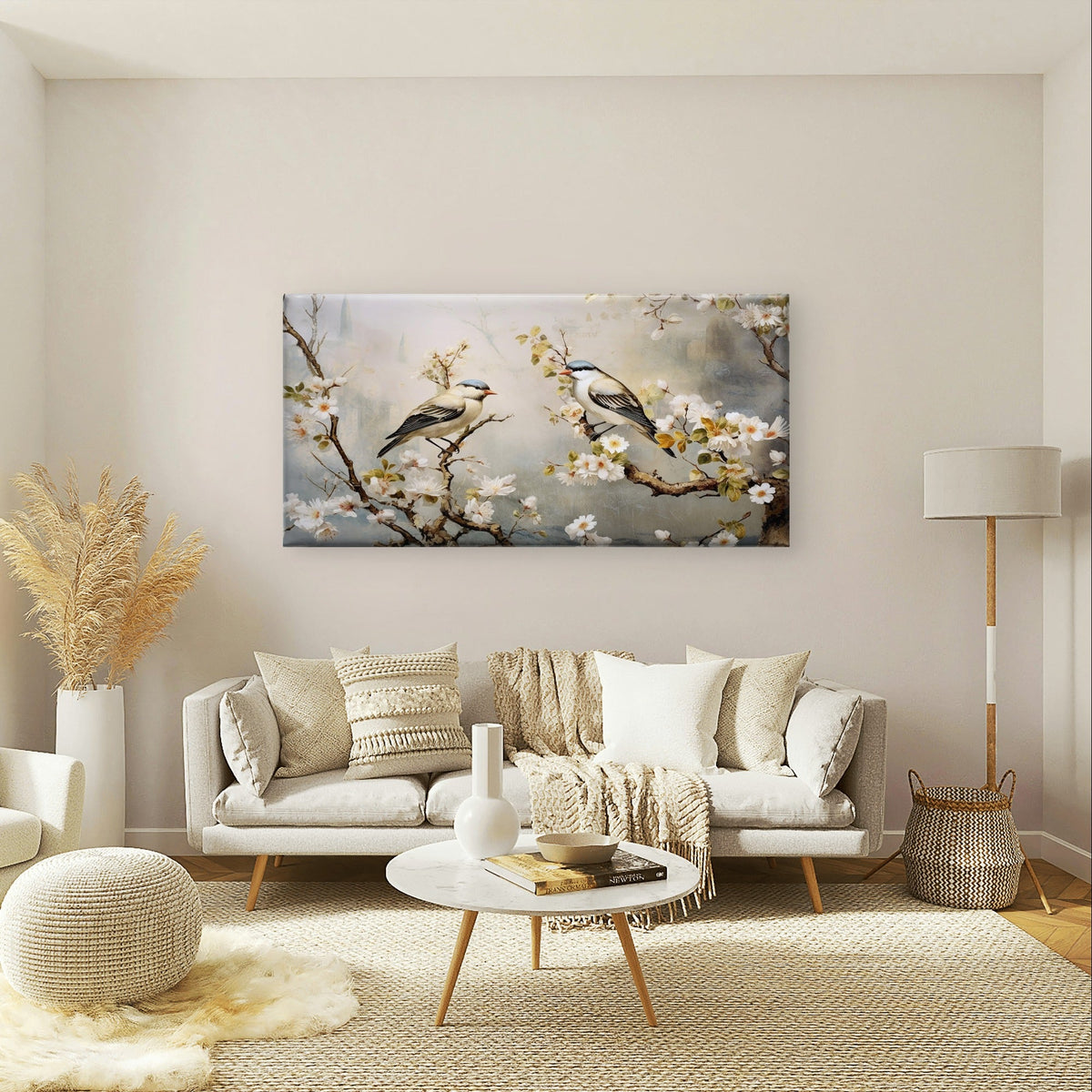 Vintage Birds Cherry Blossom Tree Wall Art Canvas Office Home Framed 120x60cm
