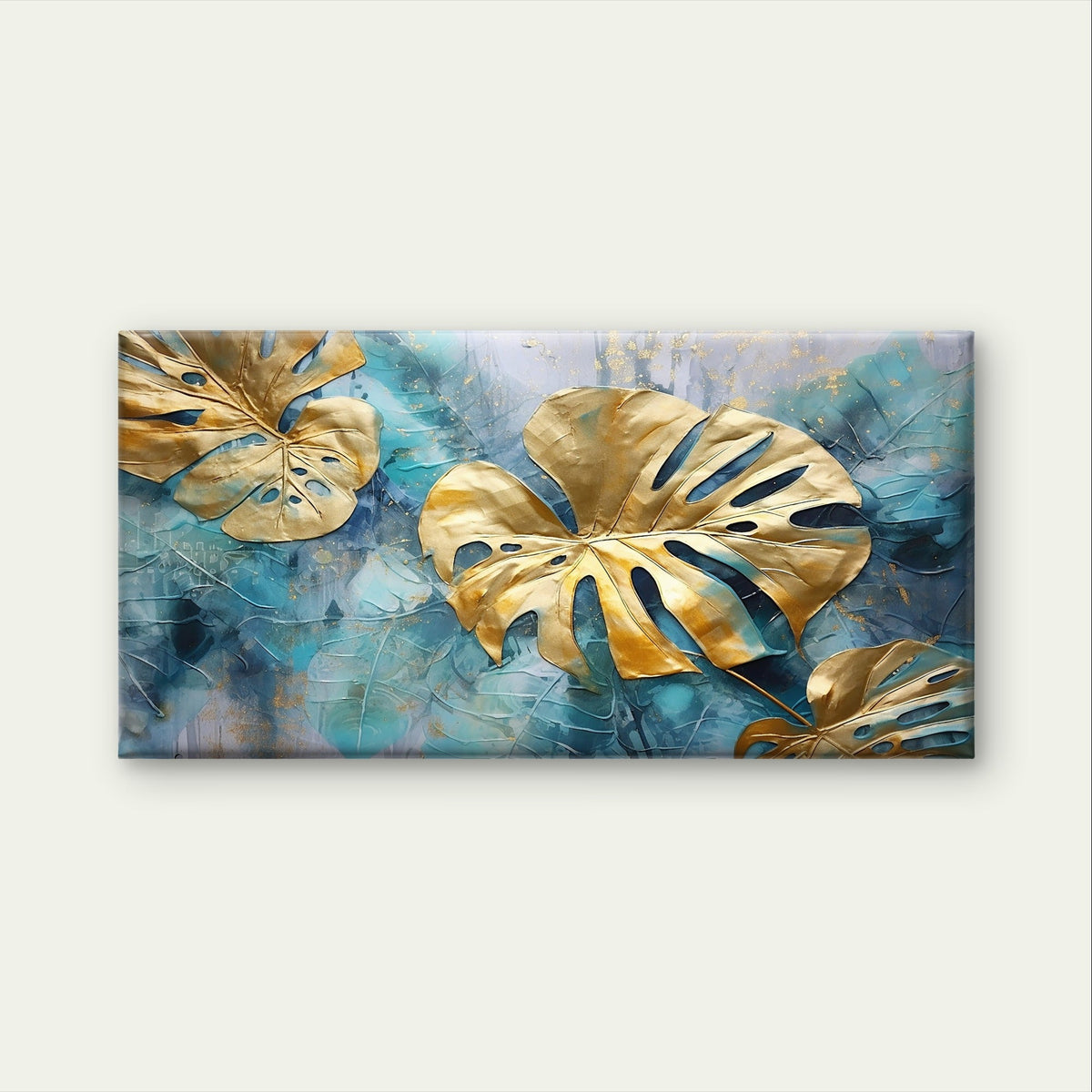 Luxury Gold Monstera Leaf Teal Palm Wall Art Canvas Office Home Framed 120x60cm