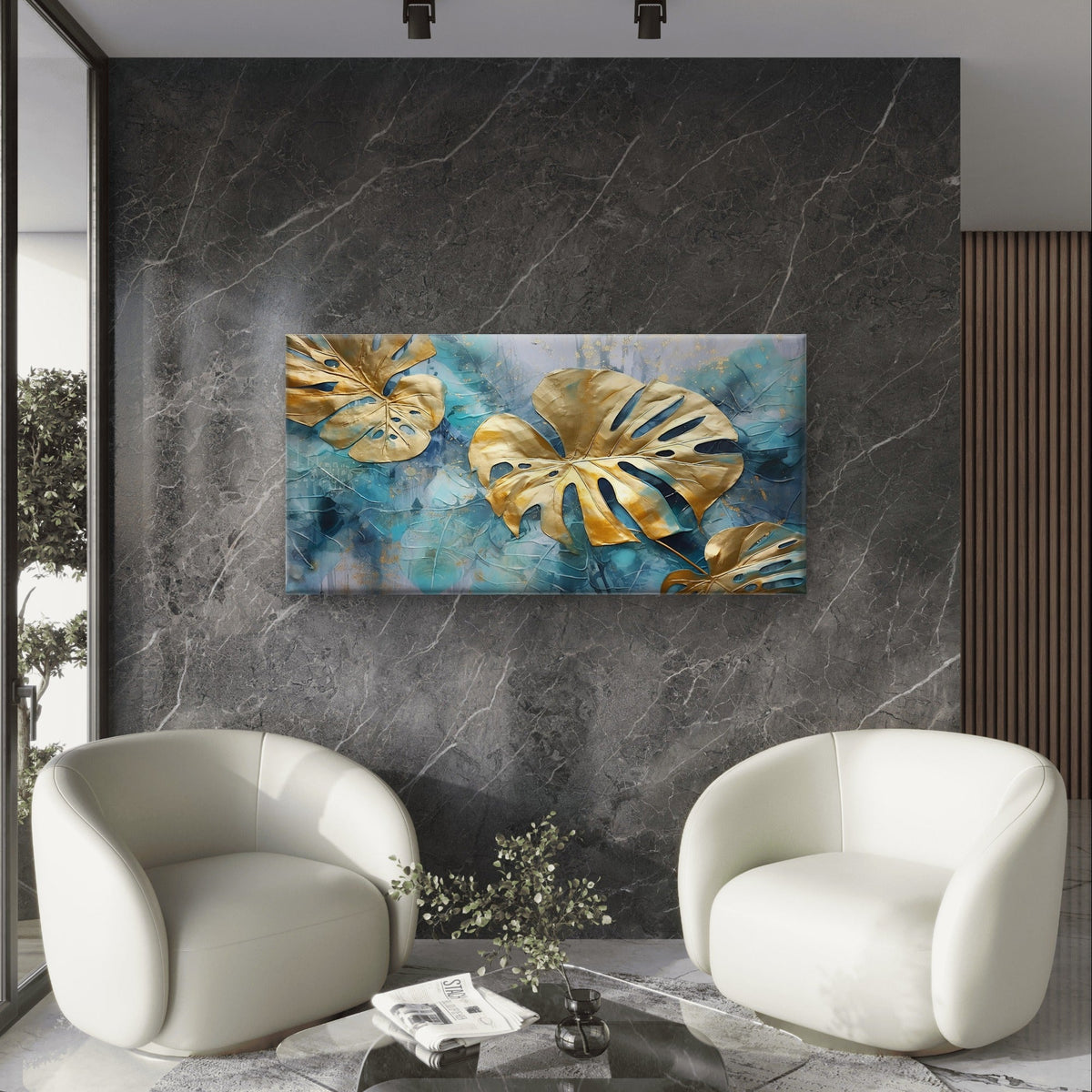 Luxury Gold Monstera Leaf Teal Palm Wall Art Canvas Office Home Framed 120x60cm