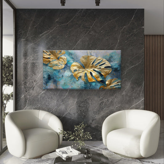 Luxury Gold Monstera Leaf Teal Palm Wall Art Canvas Office Home Framed 80x45cm