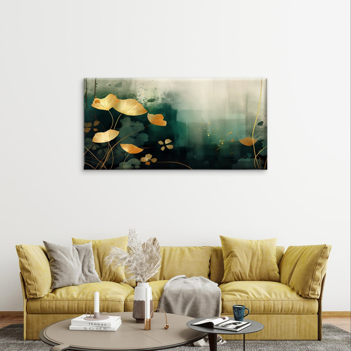 Modern Dark Green Golden Plant Wall Art Canvas Office Home Framed 120x60cm