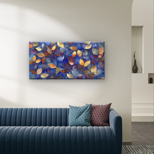 Abstract Blue Gold Red Fall Leaves Wall Art Canvas Office Home Framed 80x45cm