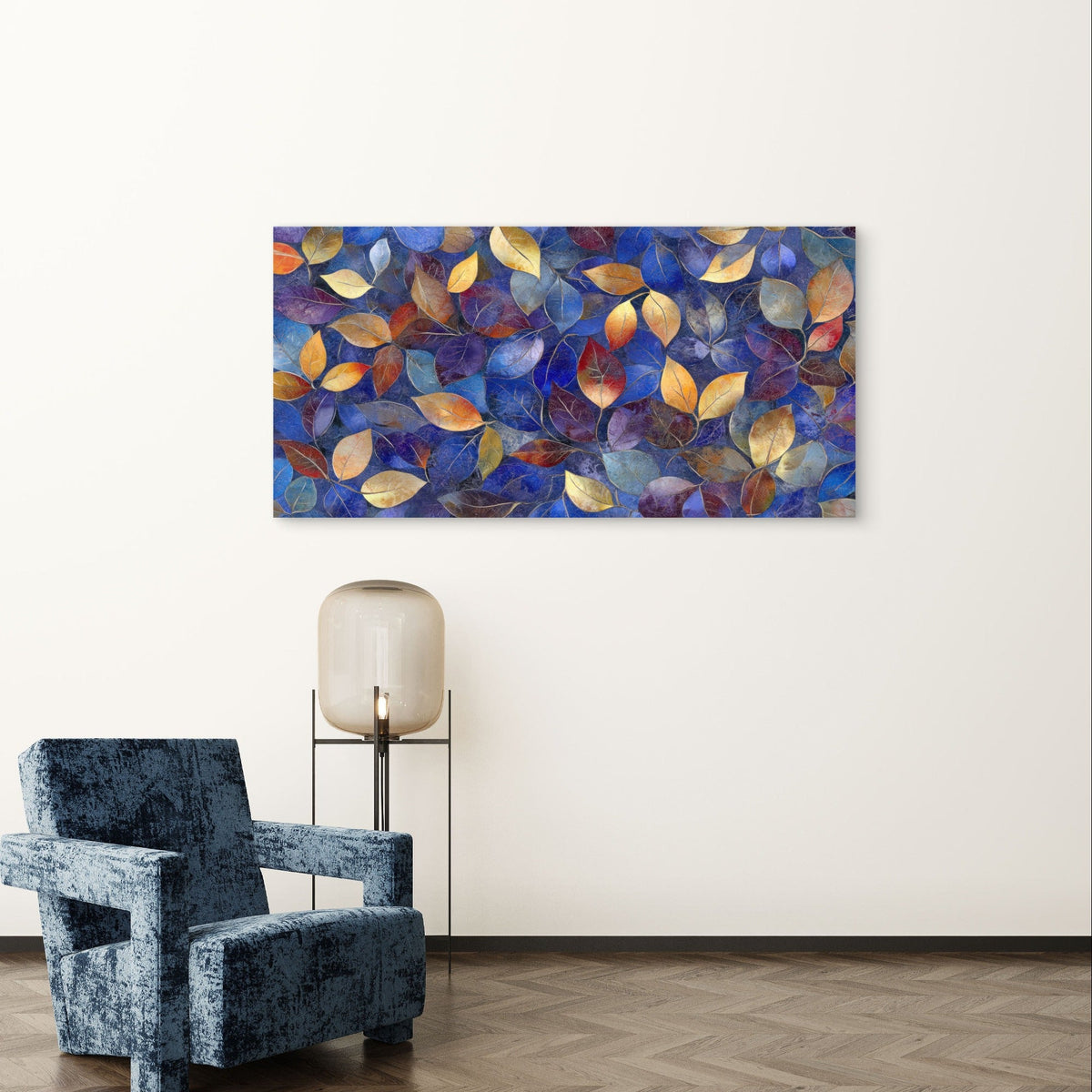 Abstract Blue Gold Red Fall Leaves Wall Art Canvas Office Home Framed 80x45cm