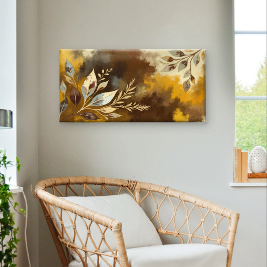 Abstract Brown Gold Leaf Branch Wall Art Canvas Office Home Framed 80x45cm