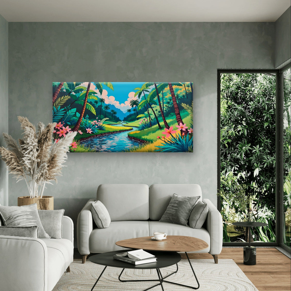 Abstract Tropical Jungle River Wall Art Canvas Office Home Framed 80x45cm