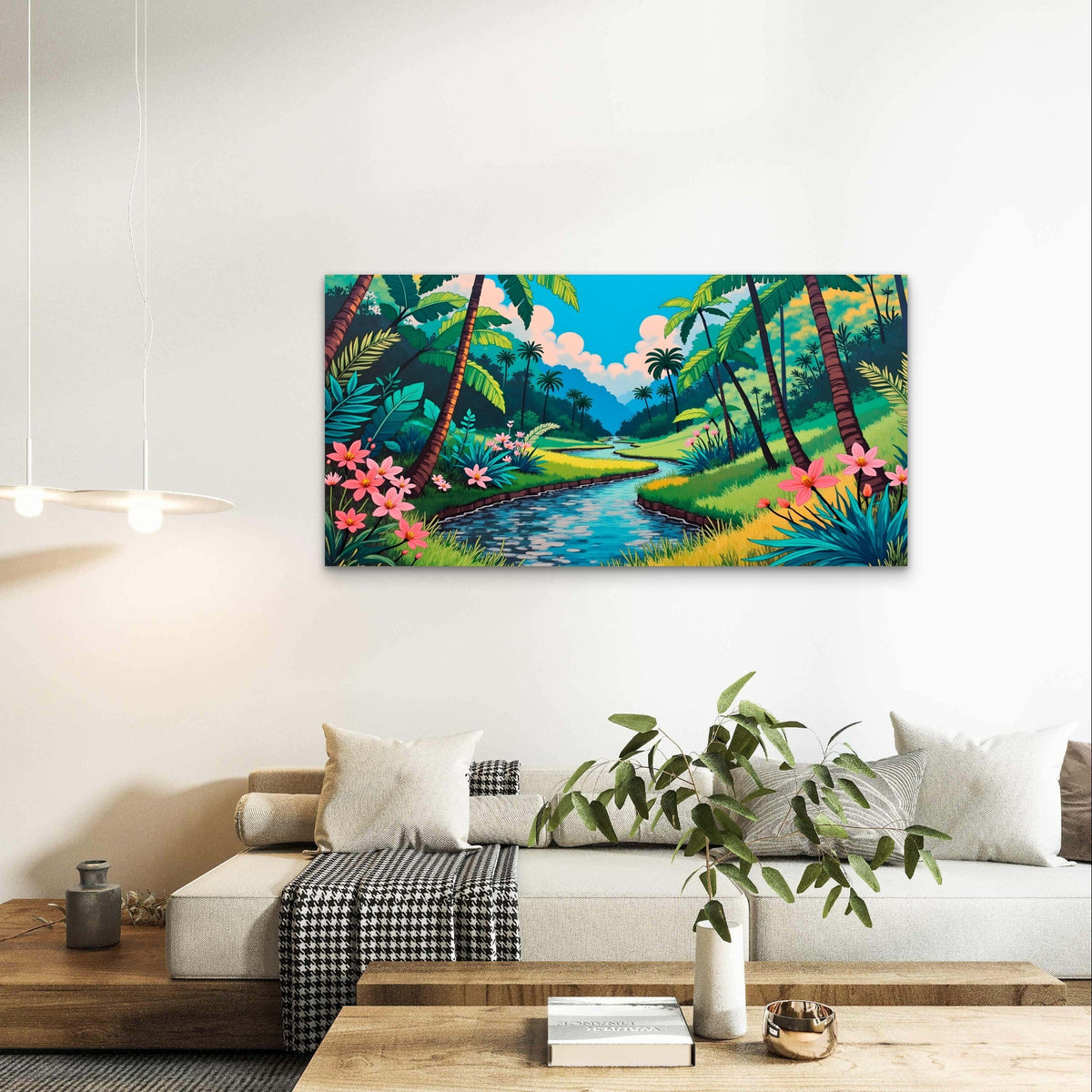 Abstract Tropical Jungle River Wall Art Canvas Office Home Framed 80x45cm