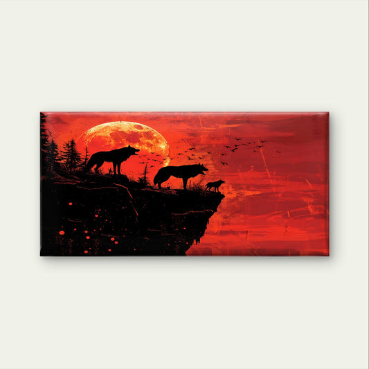 Abstract Red Blood Moon Wolf Pack Wall Art Canvas Office Home Framed 80x45cm