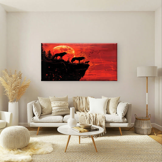 Abstract Red Blood Moon Wolf Pack Wall Art Canvas Office Home Framed 80x45cm