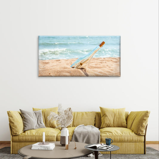 Message In Bottle Beach Sandy Shore Wall Art Canvas Office Home Framed 80x45cm