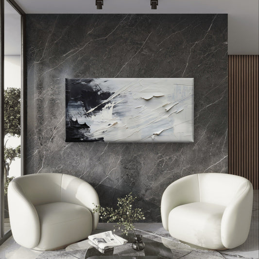 Black White Minimalist Abstract Gray Wall Art Canvas Office Home Framed 80x45cm