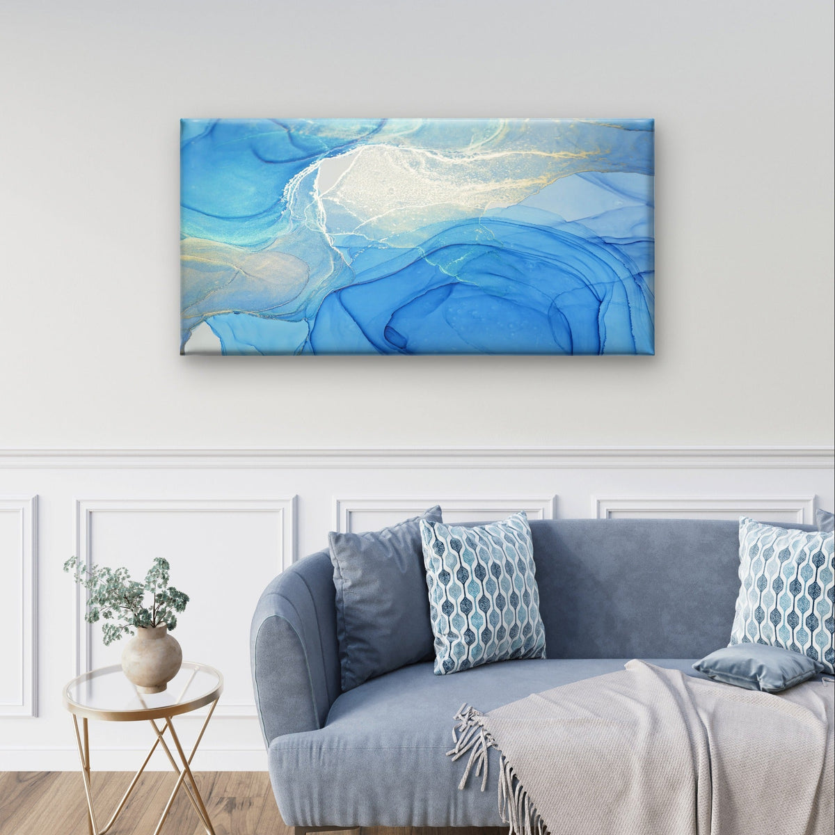 Alcohol Ink Abstract Blue Gold Swirl Wall Art Canvas Office Home Framed 80x45cm