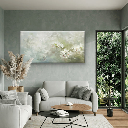 White Cherry Blossom Floral Painting Wall Art Canvas Office Home Framed 80x45cm