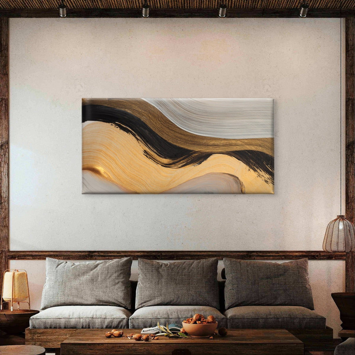 Modern Beige Gold Abstract Wave Wall Art Canvas Office Home Framed 80x45cm