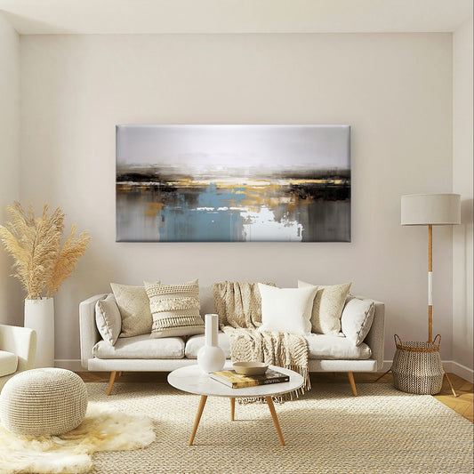 Gold Foil Blue Grey Oil Landscape Wall Art Canvas Office Home Framed 80x45cm