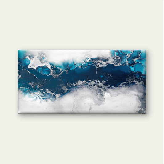 Abstract Blue Silver Fluid Alcohol Wall Art Canvas Office Home Framed 80x45cm
