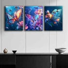 3pcs Glowing Butterfly with Flowers Perfect Wall Art Set Canvas Framed 40x60cm - High Quality Print 100% Australian Made Wall Canvas Ready to Hang