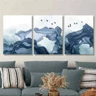 3pcs Soft Blue Smoke Waves and Birds Abstract Metal Print Ready to Hang Art