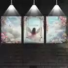 3pcs Enchanting Angel Sitting On A Floral Swing Wall Art Set Canvas Framed 40x60cm - High Quality Print 100% Australian Made Wall Canvas Ready to Hang