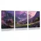 3pcs Purple Sky Town with Pink Floral & Mountain Wall Art Set Canvas Framed 40x60cm - High Quality Print 100% Australian Made Wall Canvas Ready to Hang