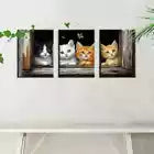 3pcs Whimsical Kitten Peeking Through Window Wall Art Set Canvas Framed 40x60cm - High Quality Print 100% Australian Made Wall Canvas Ready to Hang
