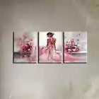 3pcs Elegant Pink Dress Woman with Pink Florals Wall Art Set Canvas Framed 40x60cm - High Quality Print 100% Australian Made Wall Canvas Ready to Hang