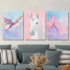 3pcs Pink Dragon Unicorn Castle Fantasy World Metal Print Ready to Hang Art