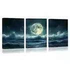 3pcs Blue & Green Starry Night Sky Moonlit Ocean Wall Art Set Canvas Framed 40x60cm - High Quality Print 100% Australian Made Wall Canvas Ready to Hang