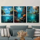 3pcs Coconut Trees Clear Water Coral Reef Under Metal Print Ready to Hang Art