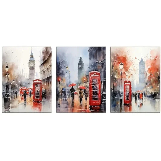 3pcs   Red Telephone Booth and Big Ben in London   Metal Print Ready to Hang Art