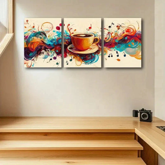 3pcs Vibrant Abstract Music & Coffee Design Metal Print Ready to Hang Art