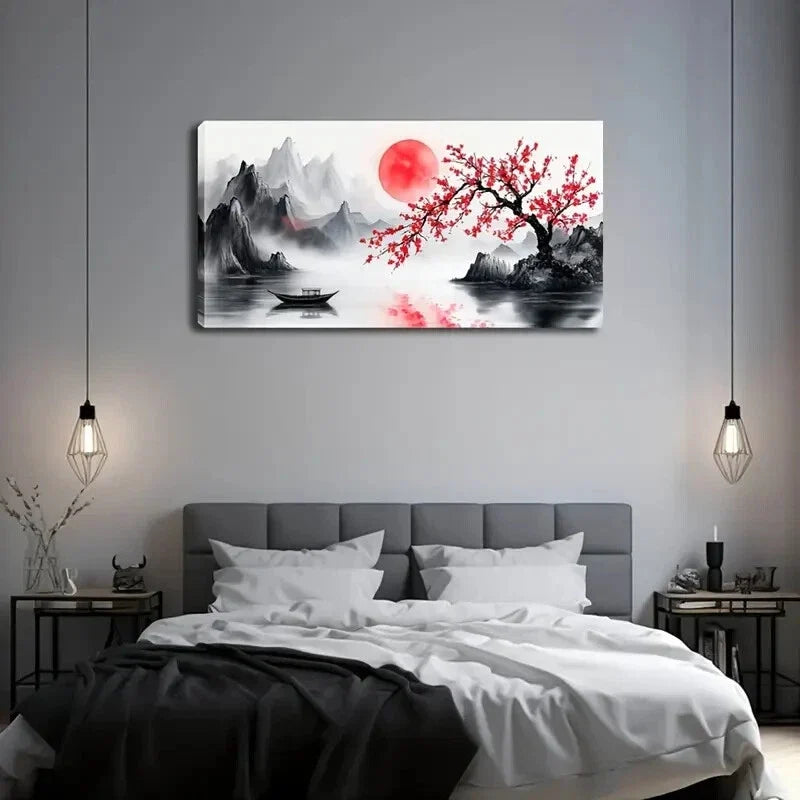 Red Plum Tree Serene Mountain Wall Art Canvas Office Home Room Framed 120x60cm
