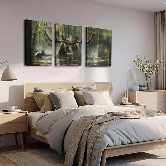 3pcs Moose in the Sunlit Lush Greenery Woods Wall Art Set Canvas Framed 40x60cm - High Quality Print 100% Australian Made Wall Canvas Ready to Hang