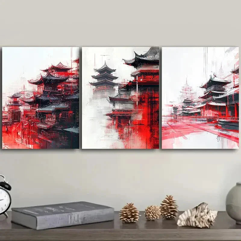 3pcs Chinese architecture Wall Art Set Canvas Framed 40x60cm - High Quality Print 100% Australian Made Wall Canvas Ready to Hang