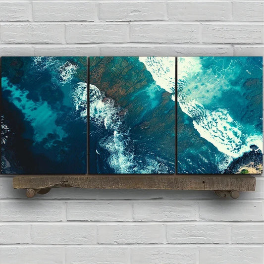 3pcs Rocky Coastline Blue & White Metal Print Ready to Hang Art